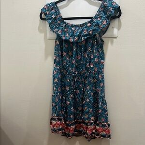 Floral Blue Dress with Ruffle Neckline